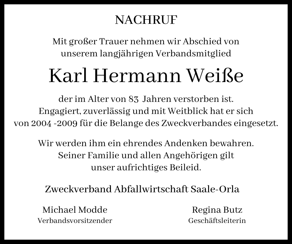 Nachruf Verbandsrat Karl Hermann Weiße