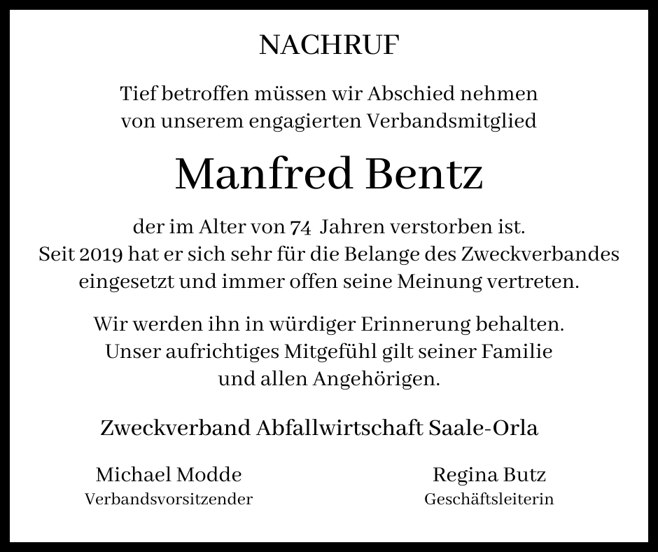 Nachruf Verbandsrat Manfred Bentz